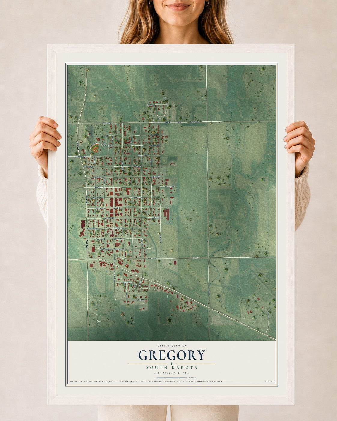Map of Gregory, South Dakota, 24 x 36 inch print in a white wood frame