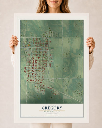 Map of Gregory, South Dakota, 24 x 36 inch print in a white wood frame