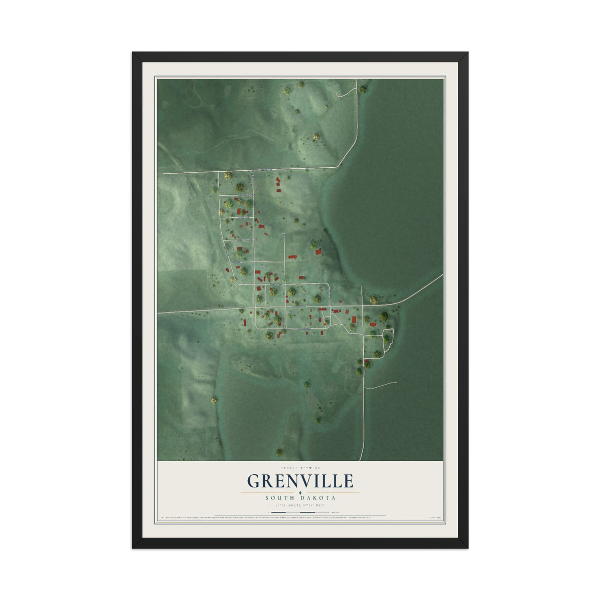 Map of Grenville, South Dakota, 12 x 18 inch print in a black wood frame