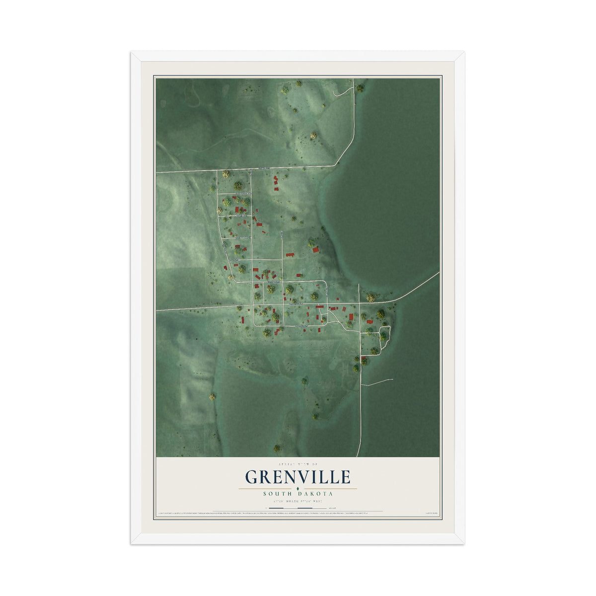 Map of Grenville, South Dakota, 12 x 18 inch print in a white wood frame