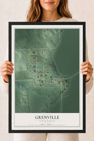 Map of Grenville, South Dakota, 18 x 24 inch print in a black wood frame