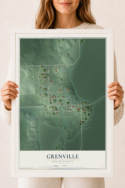 Map of Grenville, South Dakota, 18 x 24 inch print in a white wood frame