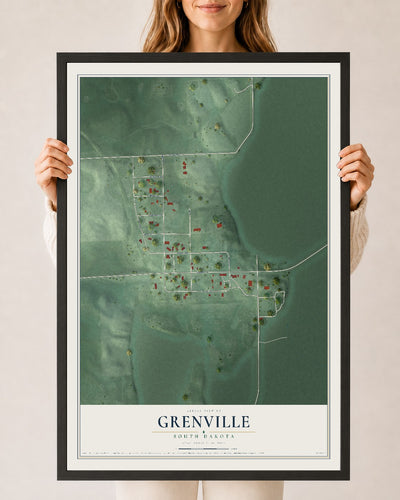 Map of Grenville, South Dakota, 24 x 36 inch print in a black wood frame