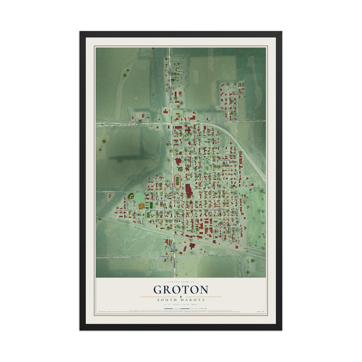 Map of Groton, South Dakota, 12 x 18 inch print in a black wood frame