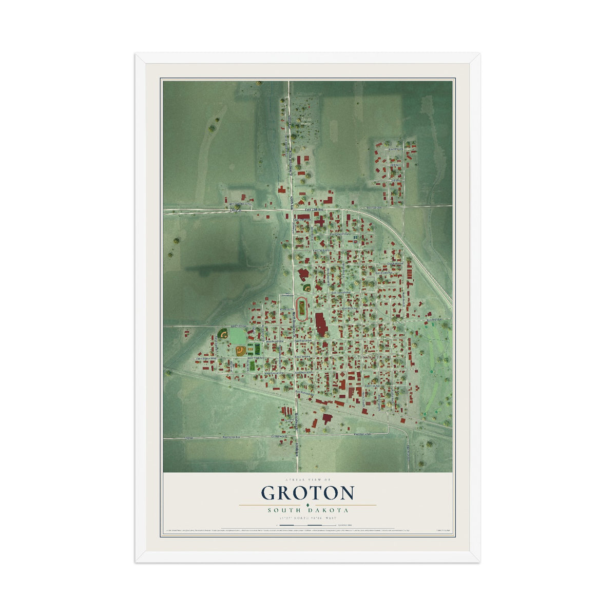 Map of Groton, South Dakota, 12 x 18 inch print in a white wood frame