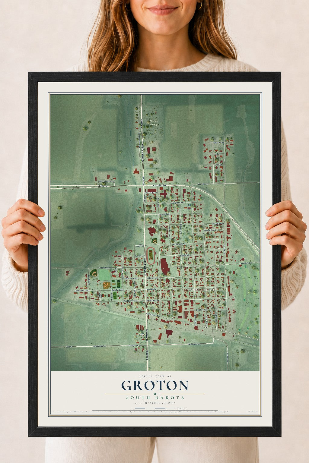 Map of Groton, South Dakota, 18 x 24 inch print in a black wood frame