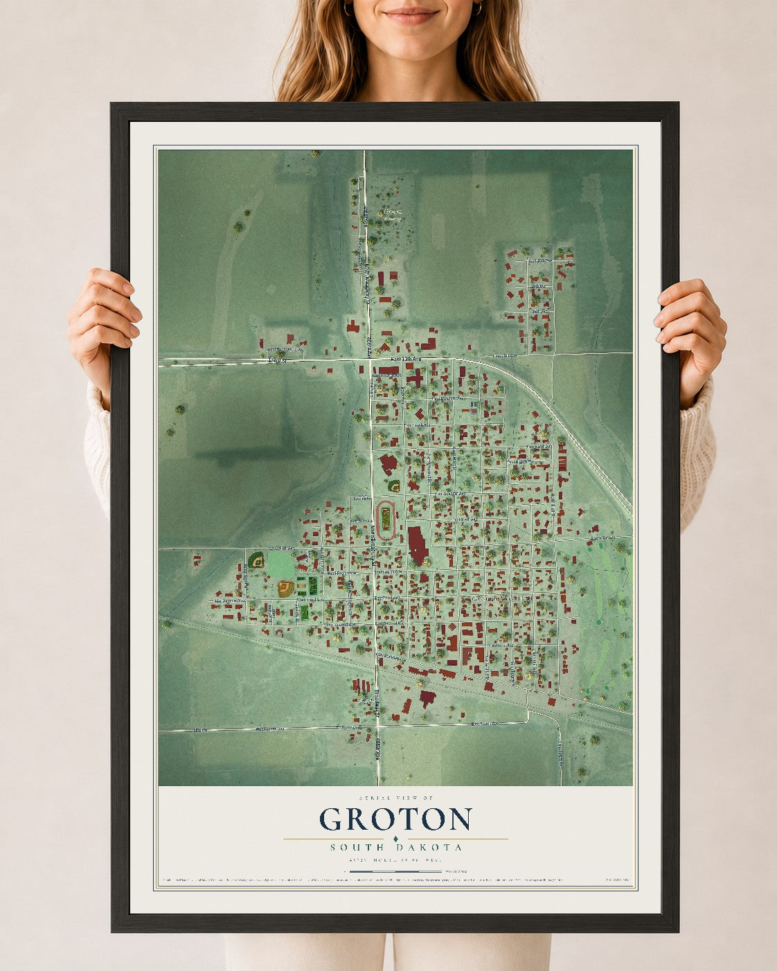Map of Groton, South Dakota, 24 x 36 inch print in a black wood frame