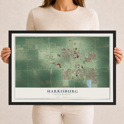 Map of Harrisburg, South Dakota, 12 x 18 inch print in a black wood frame