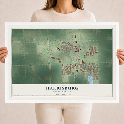 Map of Harrisburg, South Dakota, 18 x 24 inch print in a white wood frame
