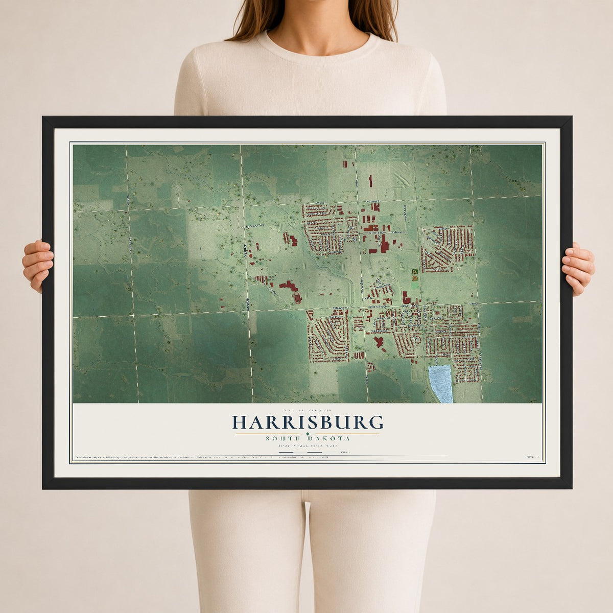 Map of Harrisburg, South Dakota, 24 x 36 inch print in a black wood frame