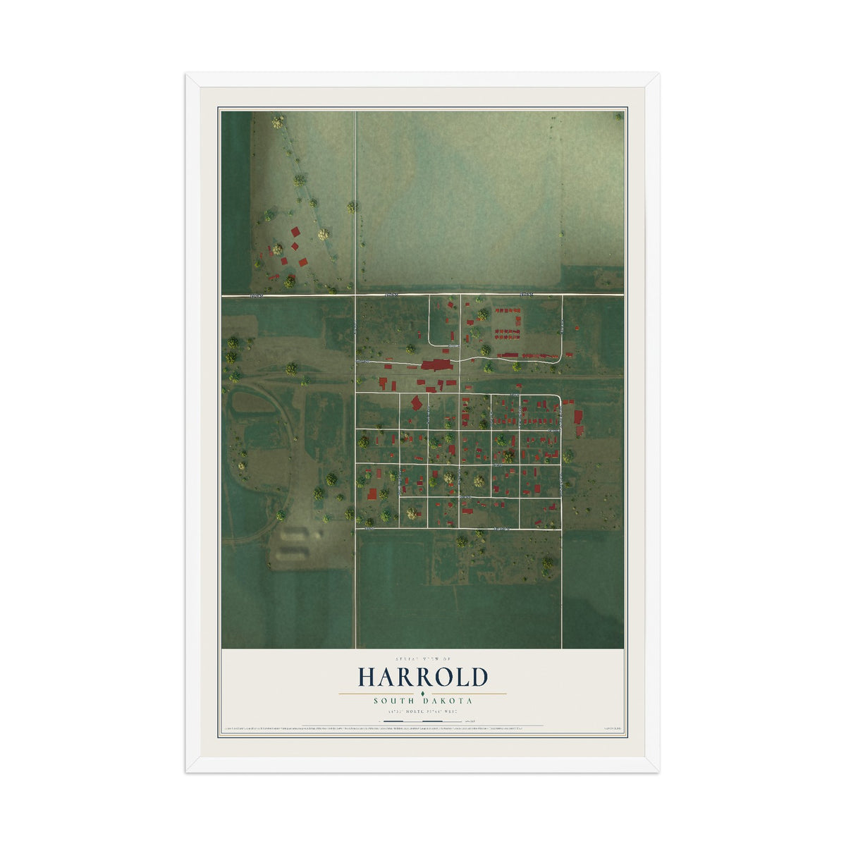 Map of Harrold, South Dakota, 12 x 18 inch print in a white wood frame