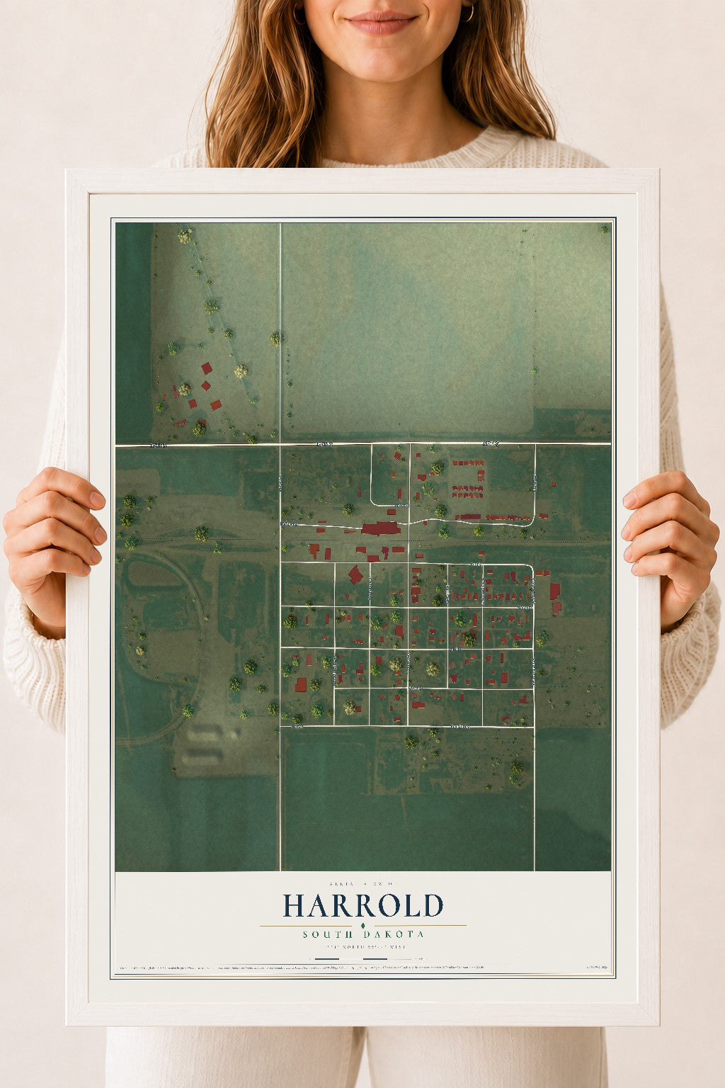 Map of Harrold, South Dakota, 18 x 24 inch print in a white wood frame