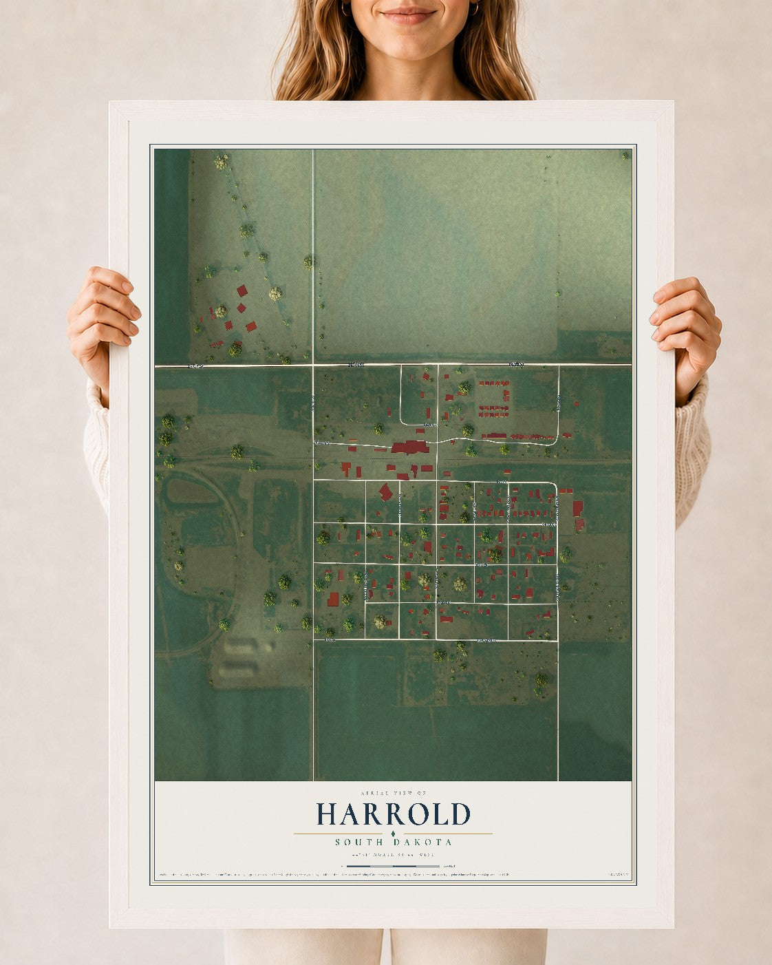 Map of Harrold, South Dakota, 24 x 36 inch print in a white wood frame
