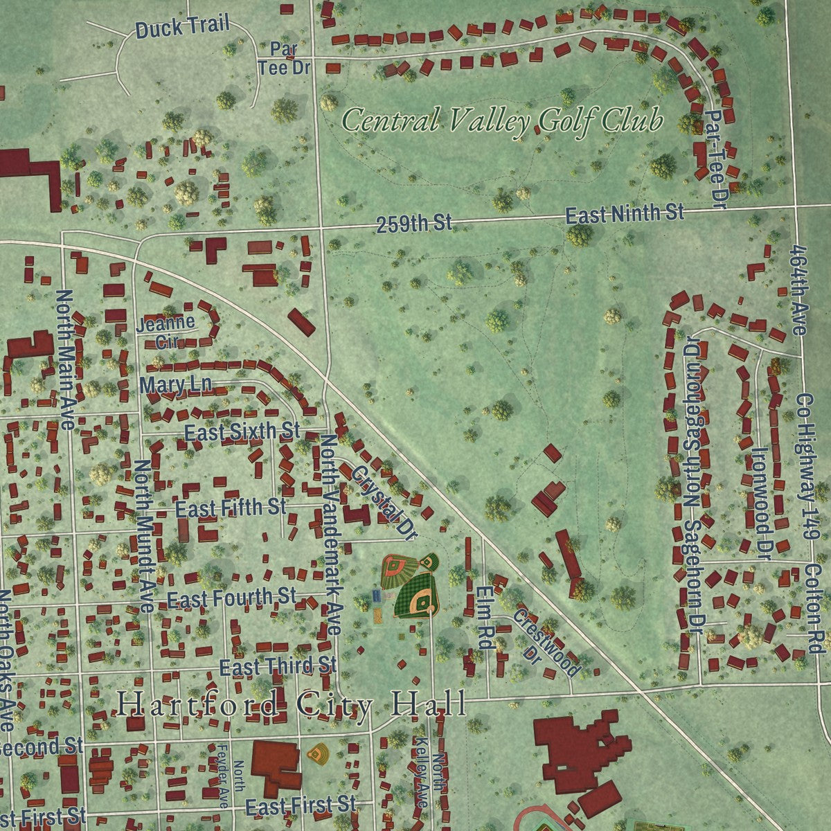 Close-up of the map of Hartford, South Dakota print showing street and building detail