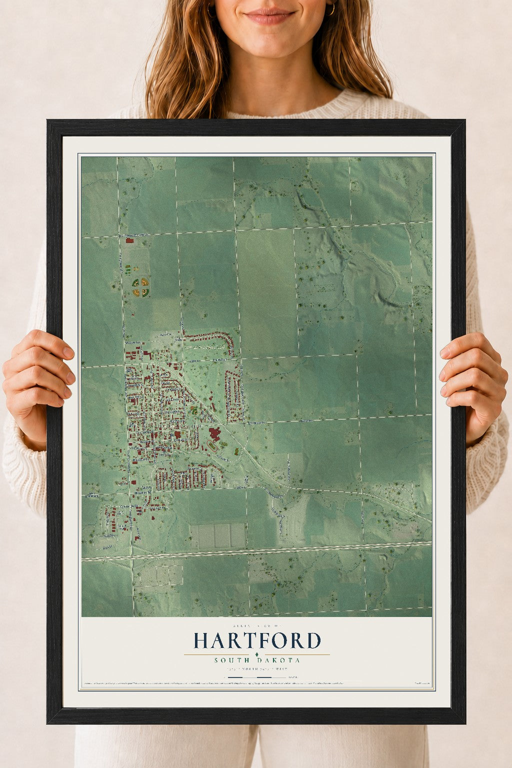Map of Hartford, South Dakota, 18 x 24 inch print in a black wood frame
