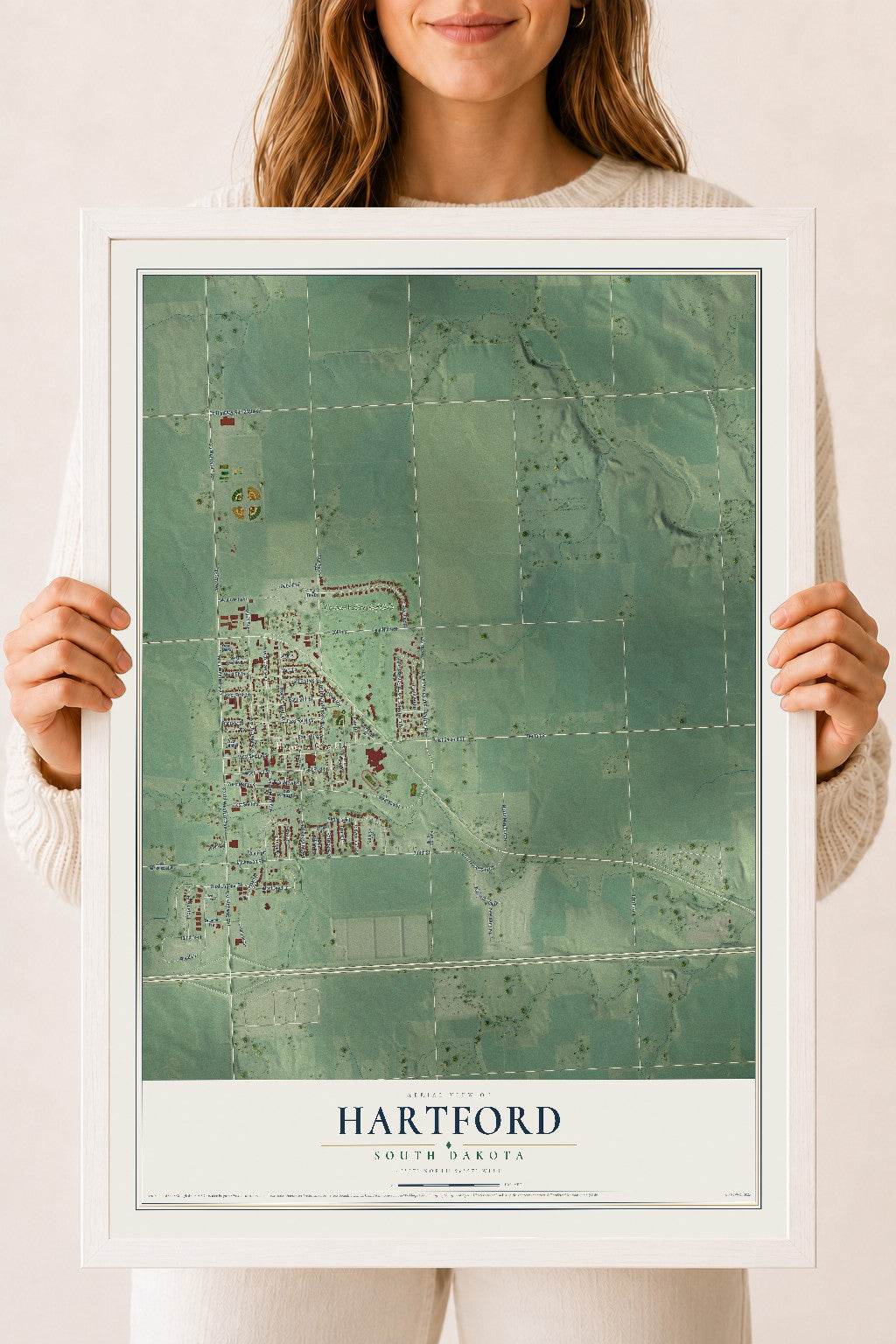 Map of Hartford, South Dakota, 18 x 24 inch print in a white wood frame