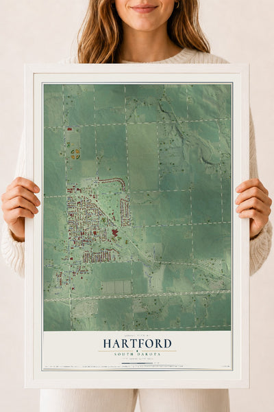 Map of Hartford, South Dakota, 18 x 24 inch print in a white wood frame