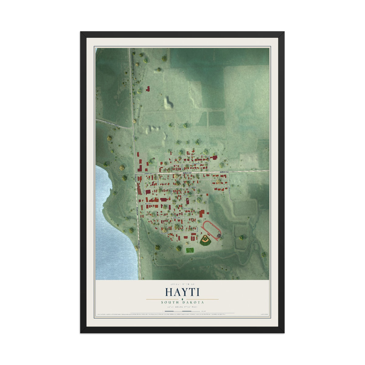 Map of Hayti, South Dakota, 12 x 18 inch print in a black wood frame