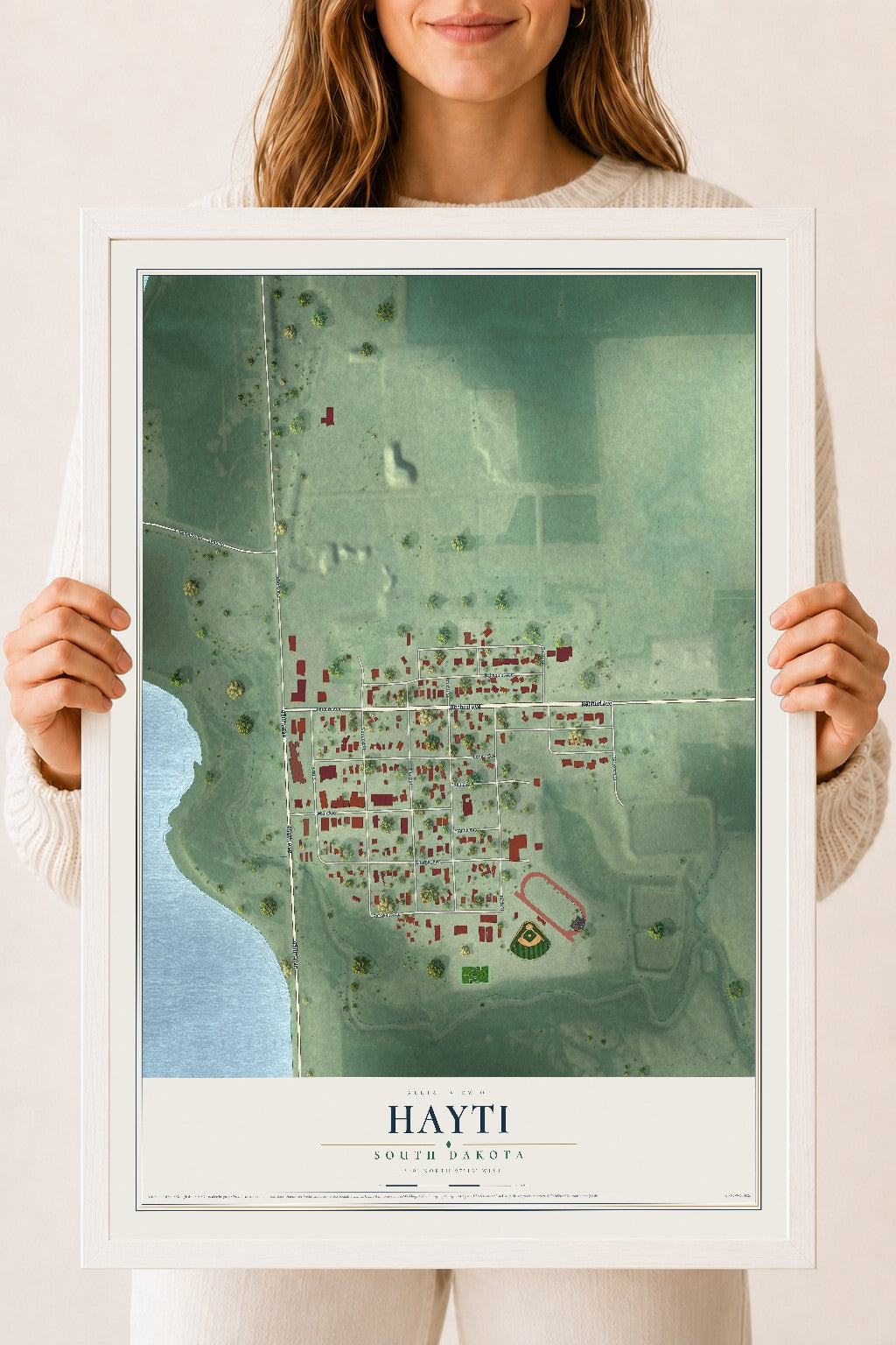 Map of Hayti, South Dakota, 18 x 24 inch print in a white wood frame