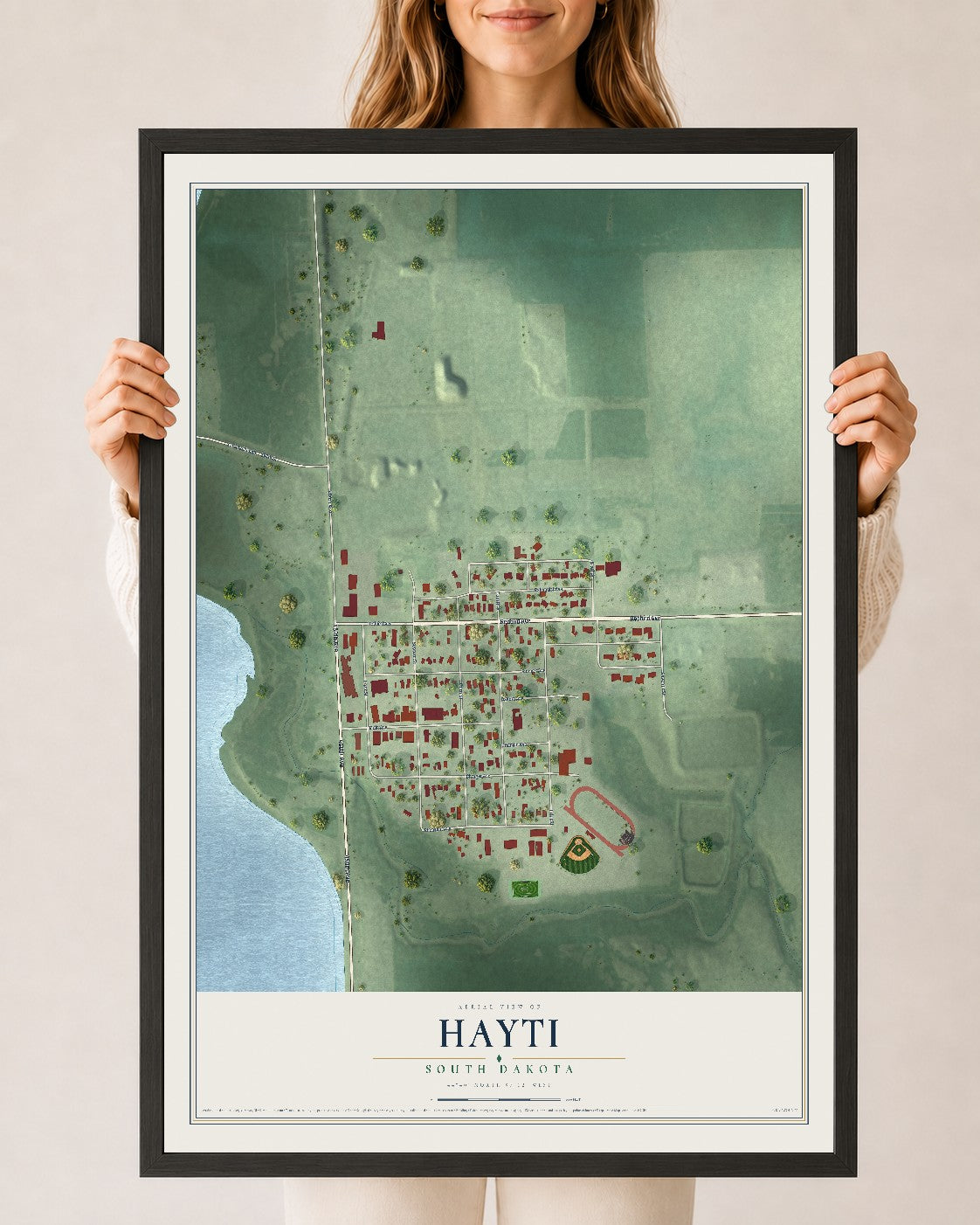 Map of Hayti, South Dakota, 24 x 36 inch print in a black wood frame