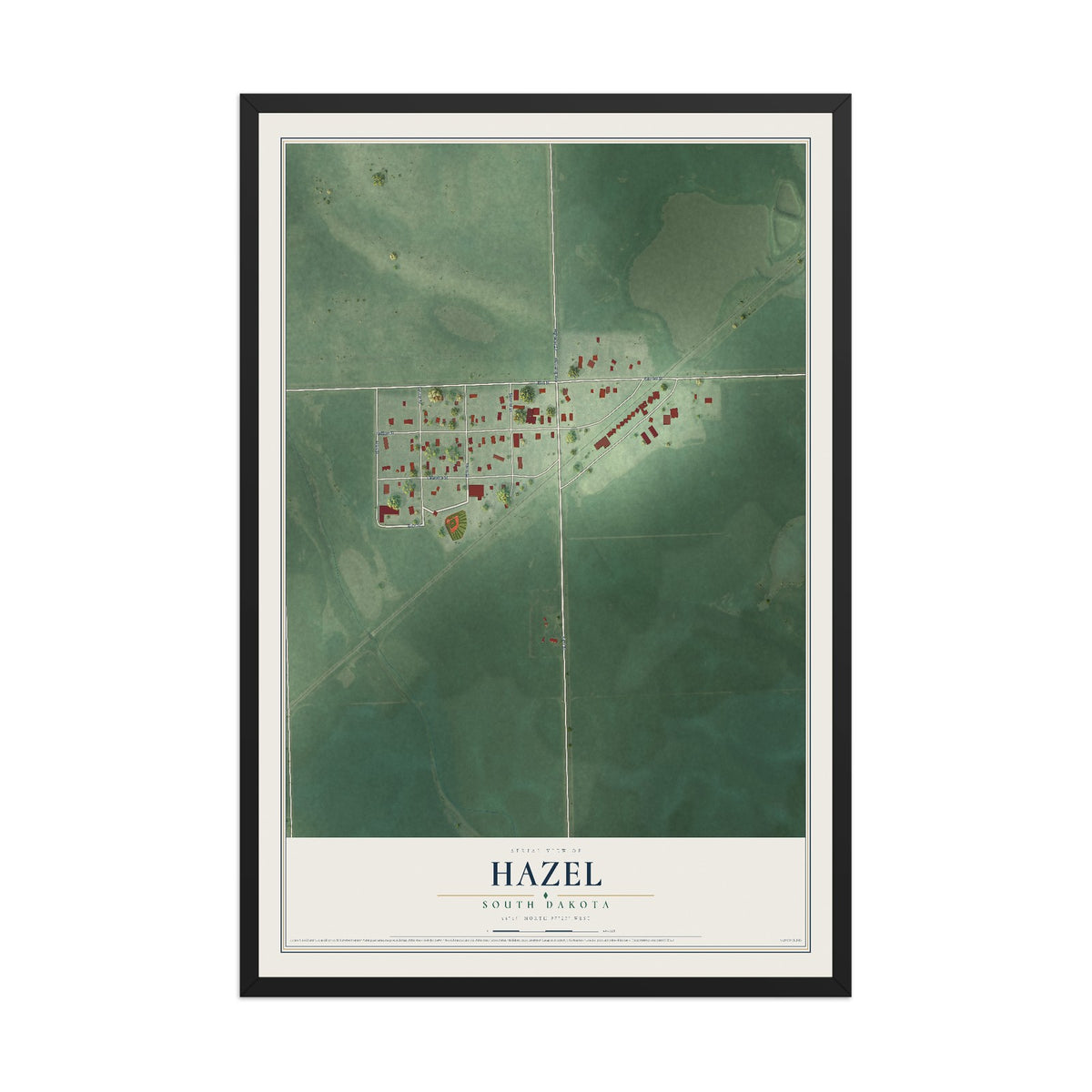 Map of Hazel, South Dakota, 12 x 18 inch print in a black wood frame