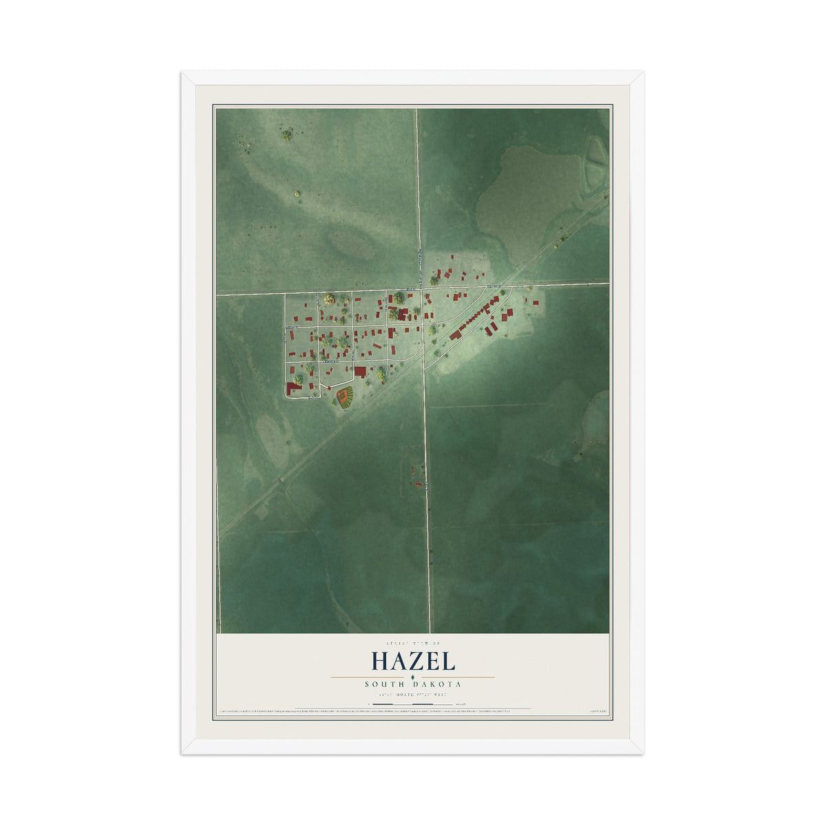 Map of Hazel, South Dakota, 12 x 18 inch print in a white wood frame
