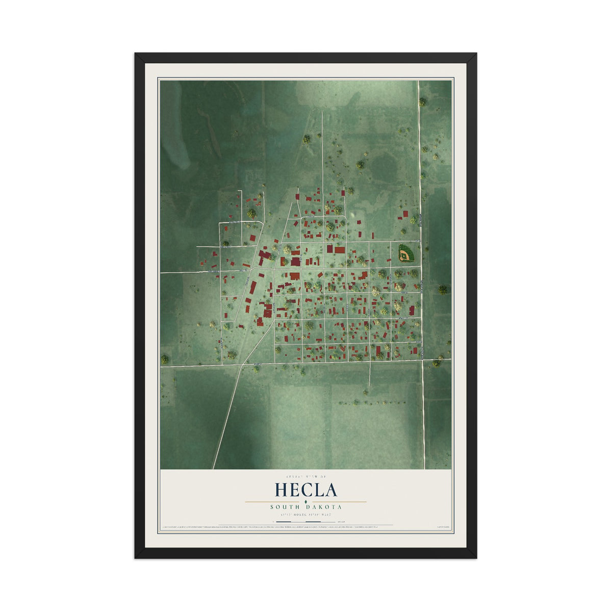 Map of Hecla, South Dakota, 12 x 18 inch print in a black wood frame