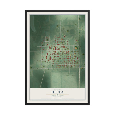 Map of Hecla, South Dakota, 12 x 18 inch print in a black wood frame
