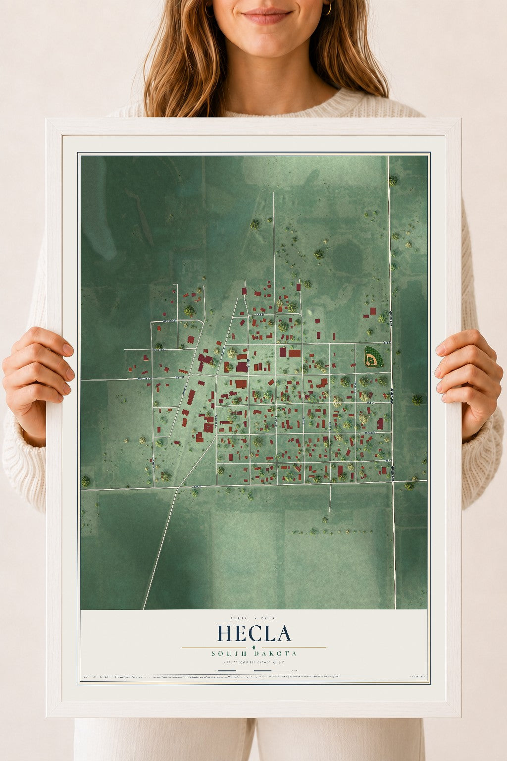 Map of Hecla, South Dakota, 18 x 24 inch print in a white wood frame