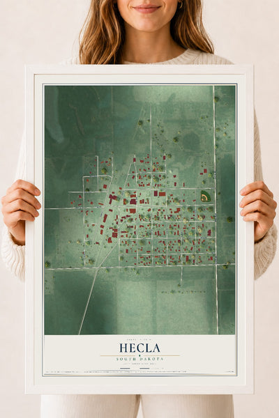 Map of Hecla, South Dakota, 18 x 24 inch print in a white wood frame