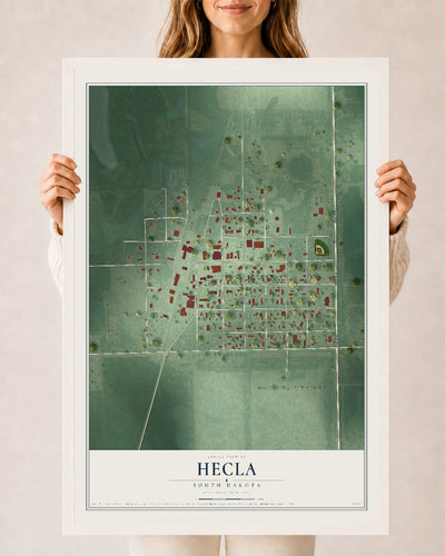 Map of Hecla, South Dakota, 24 x 36 inch print in a white wood frame