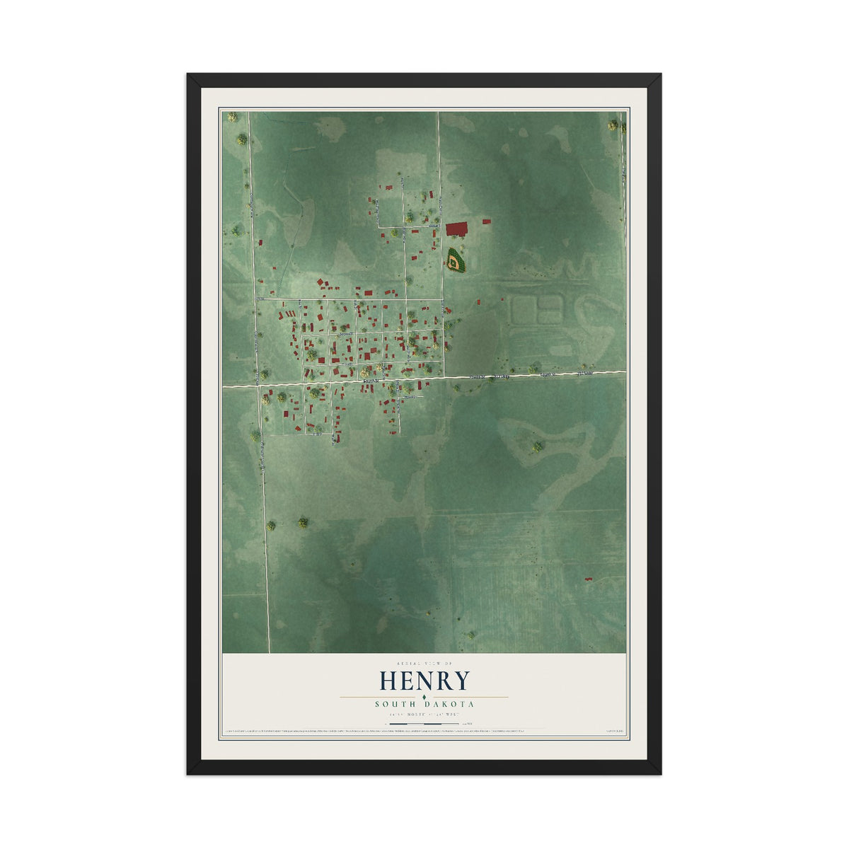 Map of Henry, South Dakota, 12 x 18 inch print in a black wood frame