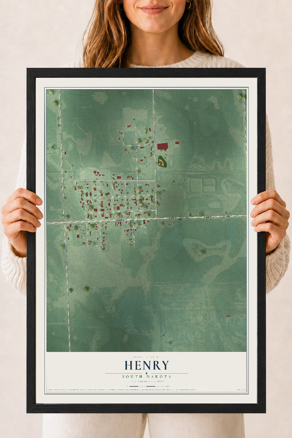Map of Henry, South Dakota, 18 x 24 inch print in a black wood frame
