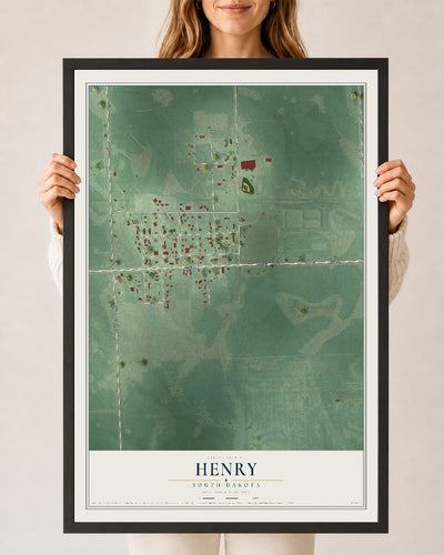 Map of Henry, South Dakota, 24 x 36 inch print in a black wood frame