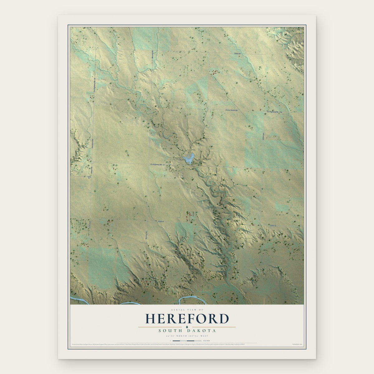 Hereford, South Dakota map print, the full design