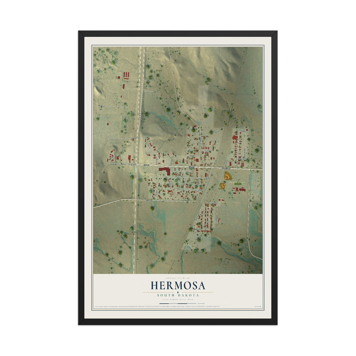 Map of Hermosa, South Dakota, 12 x 18 inch print in a black wood frame