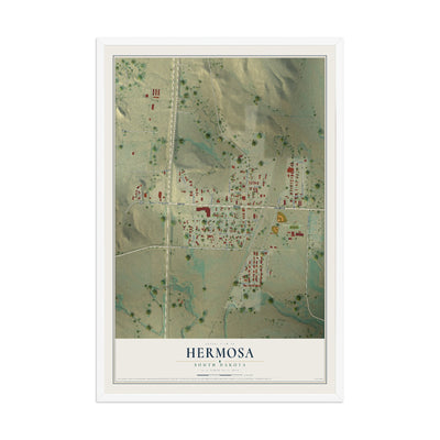 Map of Hermosa, South Dakota, 12 x 18 inch print in a white wood frame