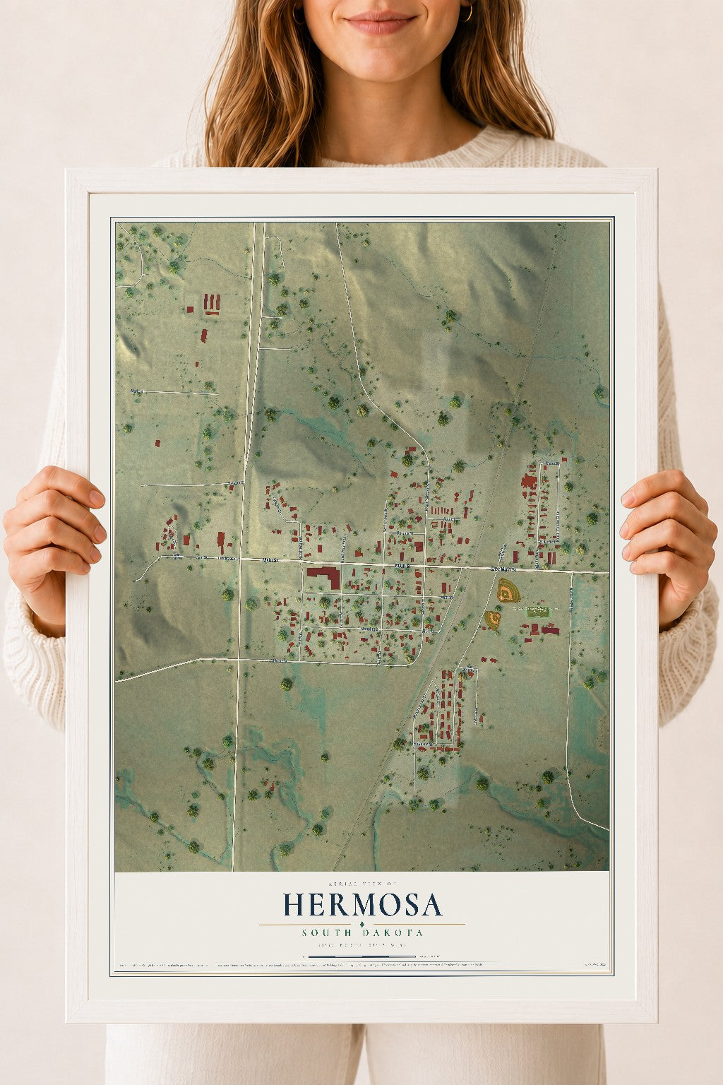 Map of Hermosa, South Dakota, 18 x 24 inch print in a white wood frame