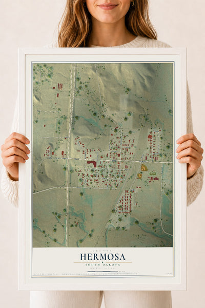 Map of Hermosa, South Dakota, 18 x 24 inch print in a white wood frame