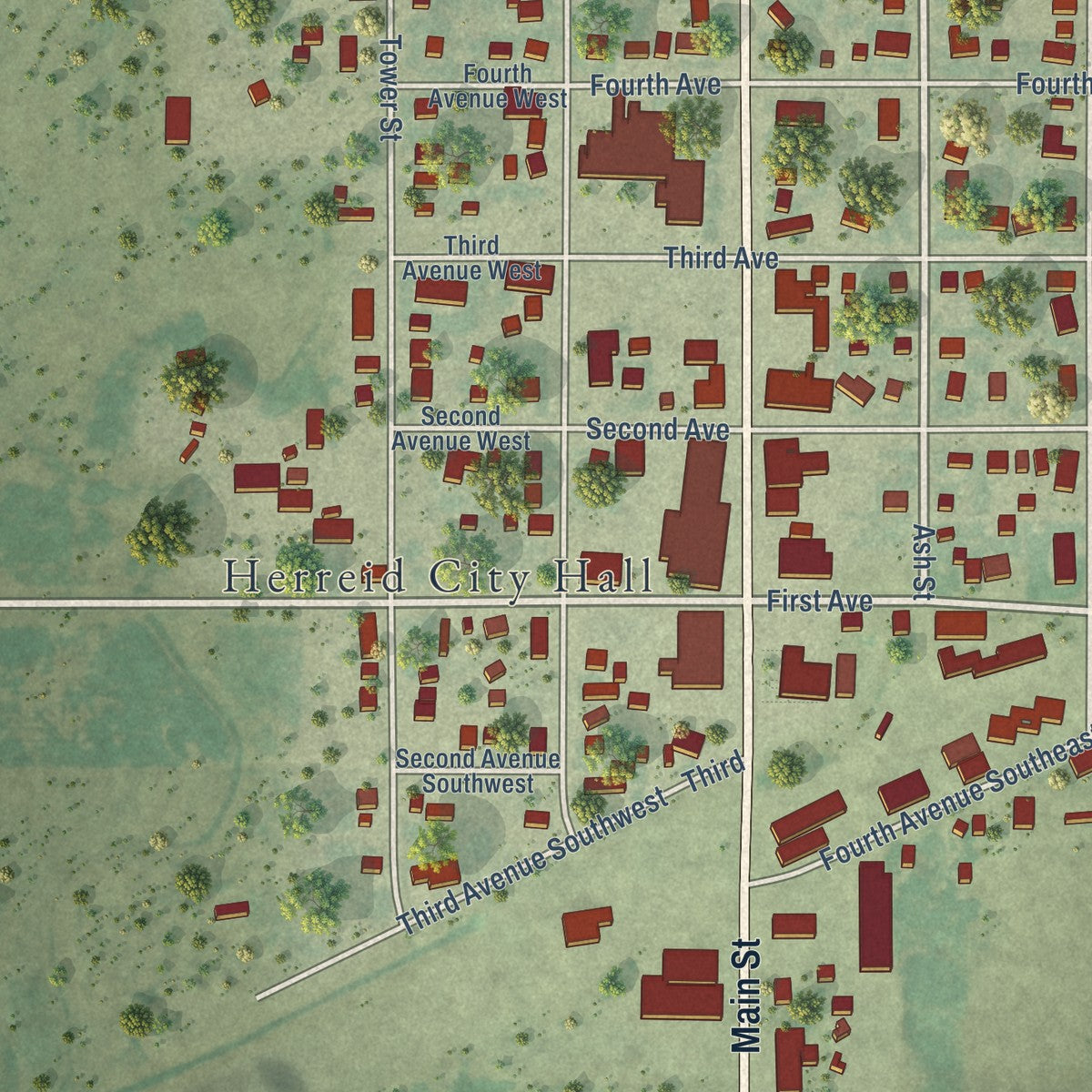 Close-up of the map of Herreid, South Dakota print showing street and building detail