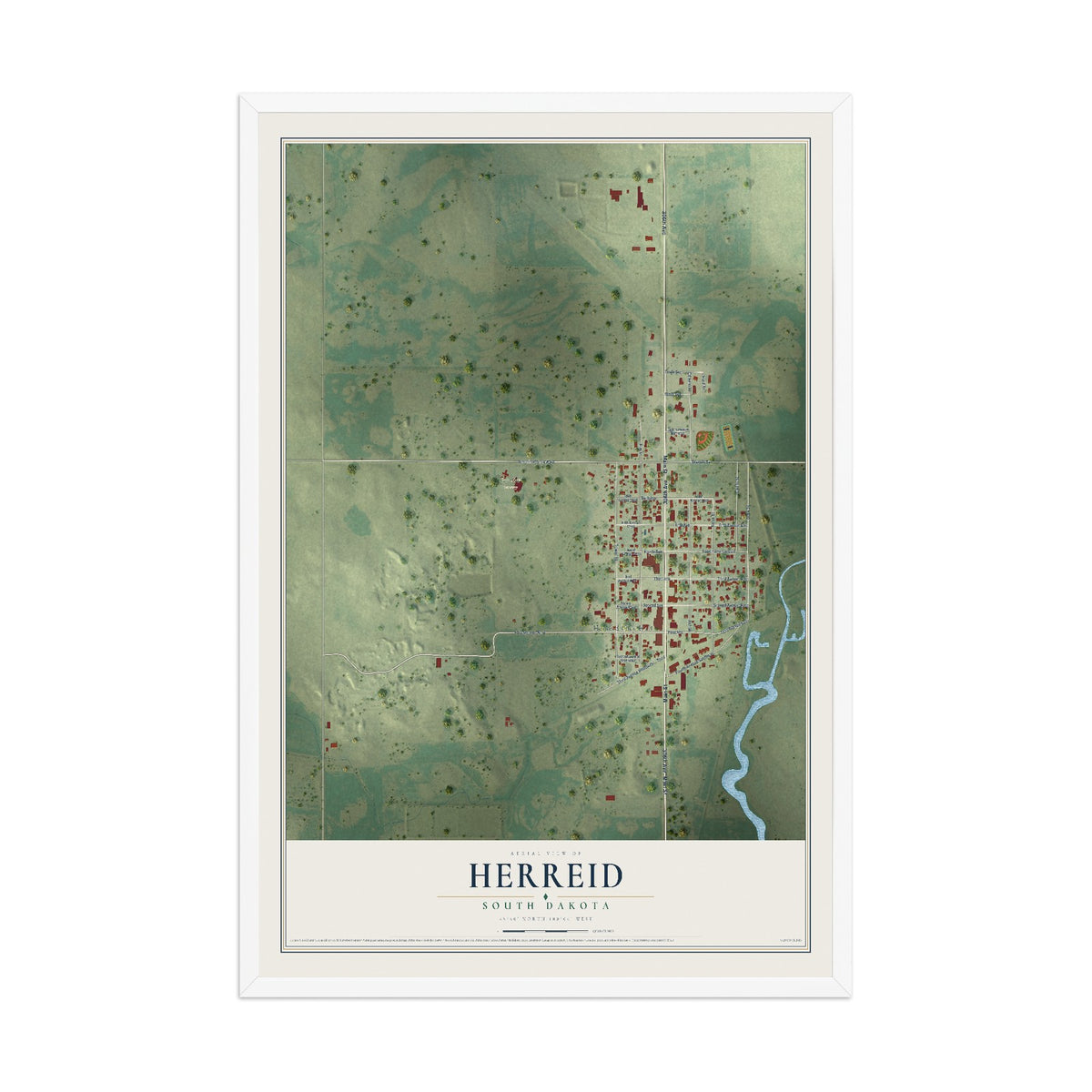 Map of Herreid, South Dakota, 12 x 18 inch print in a white wood frame