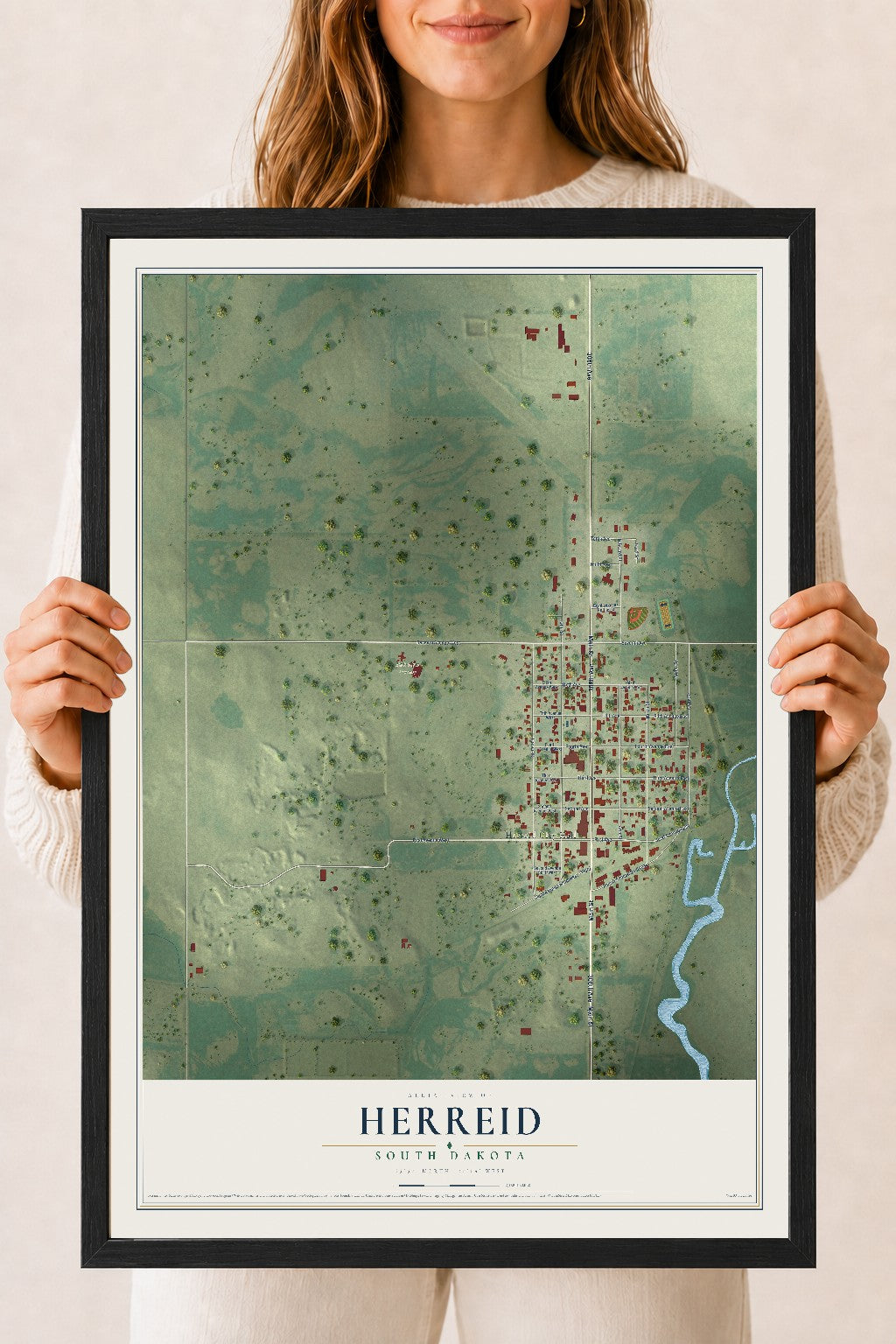 Map of Herreid, South Dakota, 18 x 24 inch print in a black wood frame