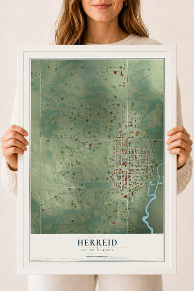 Map of Herreid, South Dakota, 18 x 24 inch print in a white wood frame