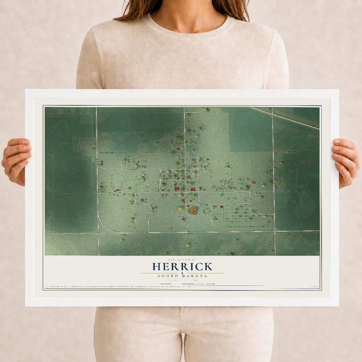 Map of Herrick, South Dakota, 12 x 18 inch print in a white wood frame