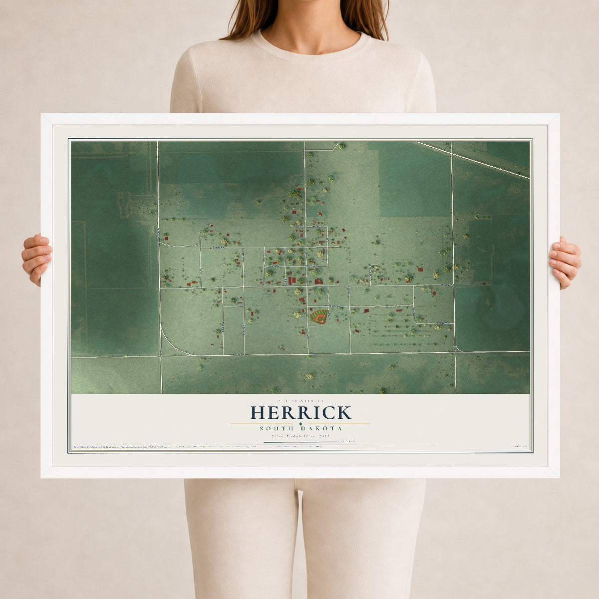 Map of Herrick, South Dakota, 24 x 36 inch print in a white wood frame