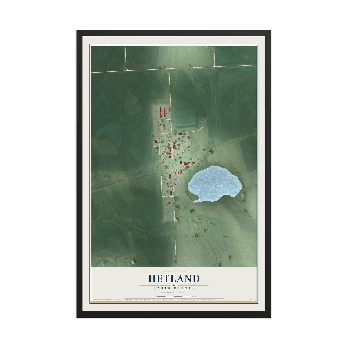 Map of Hetland, South Dakota, 12 x 18 inch print in a black wood frame