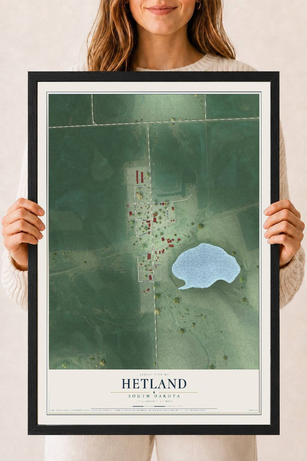 Map of Hetland, South Dakota, 18 x 24 inch print in a black wood frame