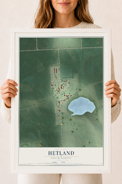 Map of Hetland, South Dakota, 18 x 24 inch print in a white wood frame