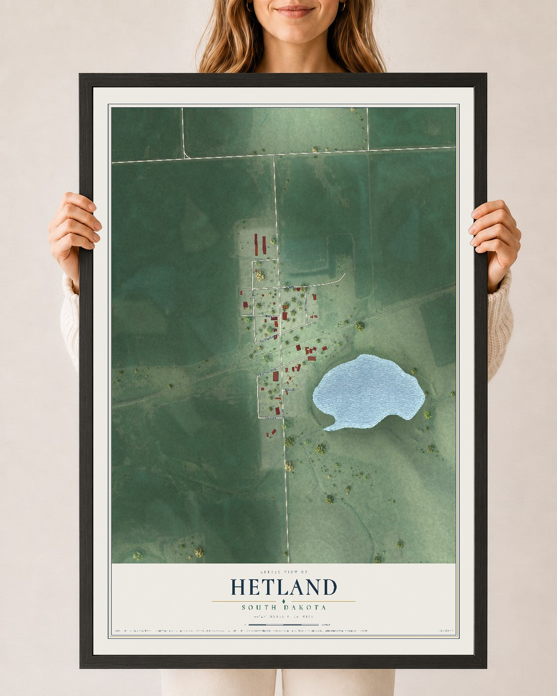 Map of Hetland, South Dakota, 24 x 36 inch print in a black wood frame