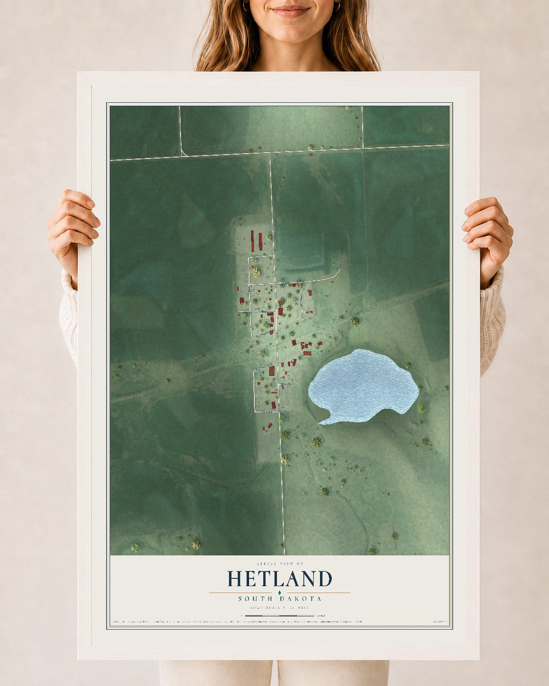 Map of Hetland, South Dakota, 24 x 36 inch print in a white wood frame